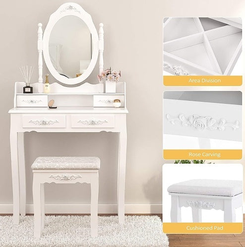 Vanity Table Set With 4 Drawer, Makeup Dressing Table W Cushioned Stool, Girls Women Bedroom Furniture Set Oval Mirror
